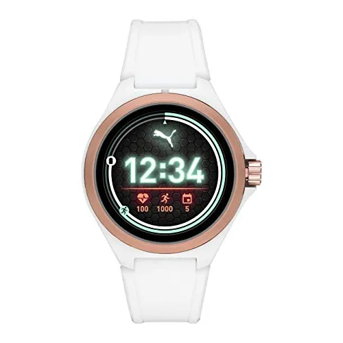 PUMA Sport - Smartwatch da uomo con frequenza cardiaca da 44 mm, touchscreen leggero con fascia in silicone bianco - PT9102