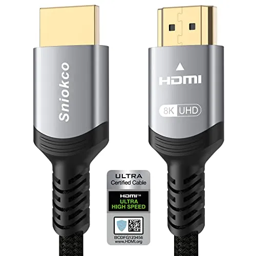 Cavo HDMI 2.1 8K 3M, Sniokco Certificato Cavo HDMI Intrecciato ad Altissima Velocità da 48Gbps, Supporto Dynamic HDR, eARC, Dolby Atmos, 10K, 8K, 4K, HDCP 2.2 2.3, Compatibile con HDTV Monitor e Altro