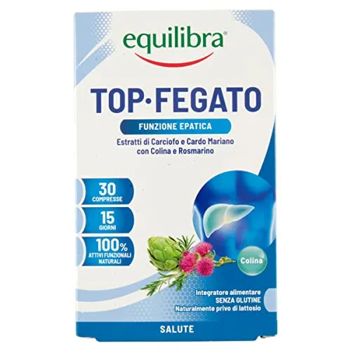 Equilibra Integratori Alimentari, Top Fegato, Integratore Depurativo Fegato, per la Normale Funzione Epatica, Con Aloe Vera, Cardo Mariano, Colina, Carciofo, Rosmarino, Senza Glutine, 30 Compresse