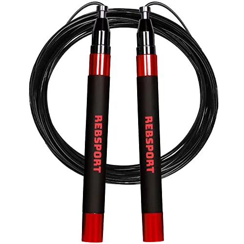 Corda per Saltare Professionale da Crossfit REBSPORT con Polsini in Regalo e 2 Cavi in Acciaio da 2.5mm e 2.0 mm ideale per double under e allenamento ad alta intensità (rosso)