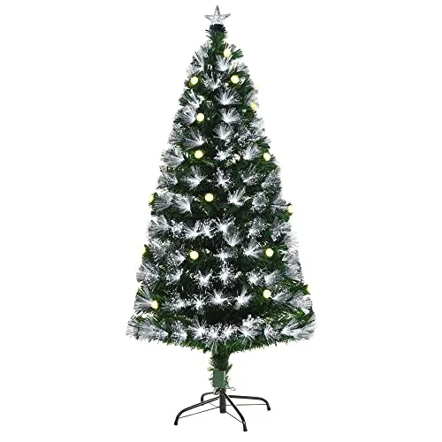 HOMCOM Albero di Natale Artificiale 120cm con 130 Rami, Albero di Natale con Luci a LED e Fibre Ottiche, Base Pieghevole Rimovibile