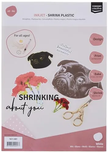 Vaessen Creative Shrink Art Stampabile, 5 Fogli, Formato A4, con la Plastica Termoretraibile, Carta lucida, Bianco