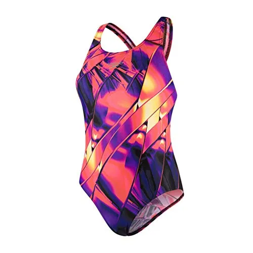 Speedo Fractal Glaze Placement Powerback Costume da Bagno, Donna, Multicolore (Fractal Glaze/Lava Red/Ro), 30 (IT 40)