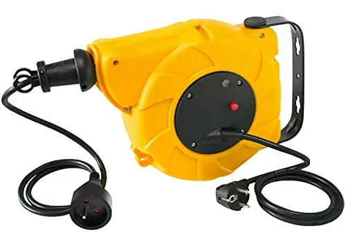 Electraline 100236 Avvolgicavo Elettrico Automatico a Molla con Staffa di Fissaggio a Muro, Giallo, 8 M