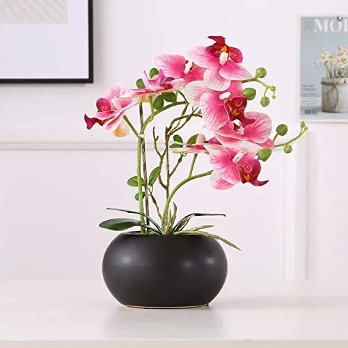 ENCOFT Phalaenopsis Fiori Orchidea pianta Finta con Vaso Artificiali Vaso di Orchidee Bonsai in Vaso con Vaso Arredamento per la casa Decorazione per la Festa Nuziale (Arancia, 34cm)