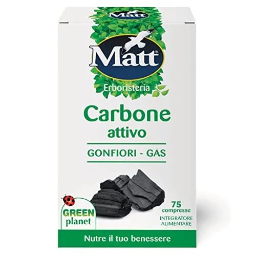 Matt, Carbone Attivo Vegetale, Integratore Alimentare a Base di Carbone Attivo Vegetale, Utile per Contrastare il Gonfiore Addominale, Confezione da 75 Compresse, 37,8 g