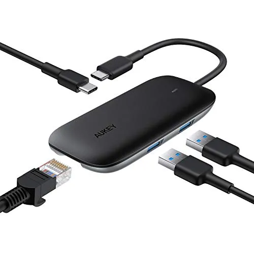 AUKEY Hub USB C Ethernet (4-in-1) con 2 Porte USB 3.0, Porta Dati USB-C e Gigabit Ethernet RJ45 Hub USB Type C Compatibile con MacBook PRO, dell XPS 15, Chromebook Pixel e Molti Altri Dispositivi