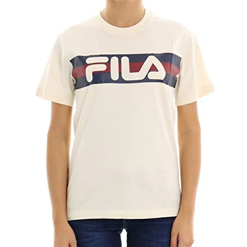 Fila T-Shirt Donna Panna Girocollo Stampa con Logo e Bande 687222 XS