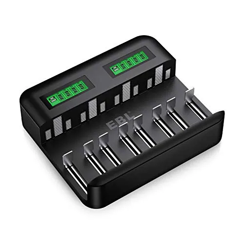 EBL 9008 Caricabatterie Universale 8 slot per AA e AAA C e D Batterie Ricaricabili con LCD Display e Porta USB,Multipla Caricabatterie con Tecnologia di Rilevamento Intelligente