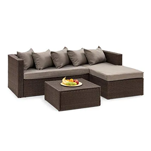 blumfeldt Theia Lounge Set - Set da Giardino, Set Angolo, Set in 2 Parti: Divano Angolare e Sgabello, Imbottitura 10 cm, 5 Cuscini, Copertura Antipioggia, Federe: Marrone, Rattan: Marrone