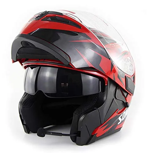 Wansheng Casco Moto Moto Bluetooth Integrato Modulare Flip Up Full Face Casco Moto D.O.T Certificazione Double Mirror MP3 Chiamata HD,Red,L59cm~60cm