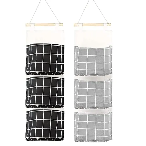 SALADOCY 2 Pcs Portaoggetti Da Parete Con Tasche, Con 3 Tasche, Lino Cotone Appendere Sacca, Per Casa E Ufficio(Nero e grigio)