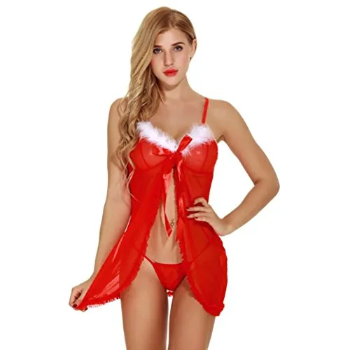 Hiroo Donne Babbo Biancheria Intima Bambolina Chemises Capestro Natale Rosso Set di Indumenti da Notte Costume Sexy Babydoll intimissimi Lingerie Pigiama Lounge Riguarda da Notte Vestito (Rosso, S)