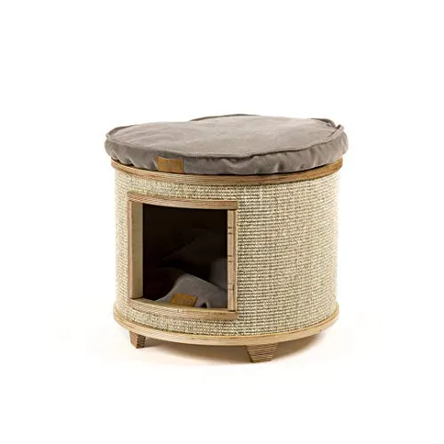 CLUB4BRANDS Cotec Tam - Grotta per Gatti, Tiragraffi Robusto in Legno, Tiragraffi Fatto a Mano per Gatti, Tiragraffi in sisal per Animali Domestici (Legno Naturale/Tessuto: Taupe/Sisal: Beige)