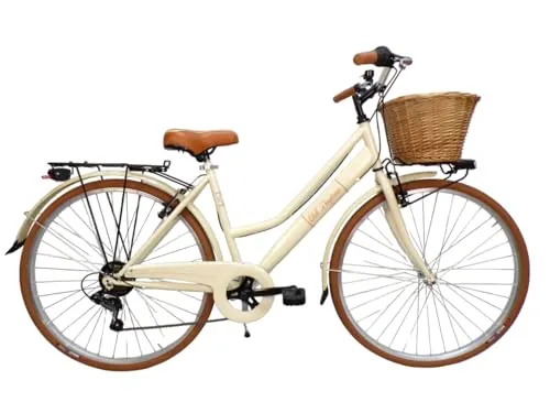 Bicicletta da donna bici da città city bike da passeggio 28'' con cambio vintage retro' beige cesto vimini