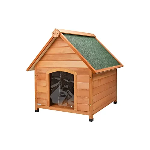 Cuccia in Legno da Esterno per Cane con Tetto Spiovente e Tenda Termica Misura Small/Medium 80x83x86h