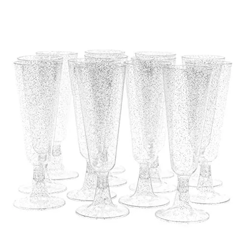 Matana - 50 Eleganti Flûtes da Champagne in Plastica con Glitter Argento, 150ml - Trasparenti, Resistenti e Riutilizzabili - Bicchieri da Brindisi per Matrimoni, Compleanni, Natale e Feste