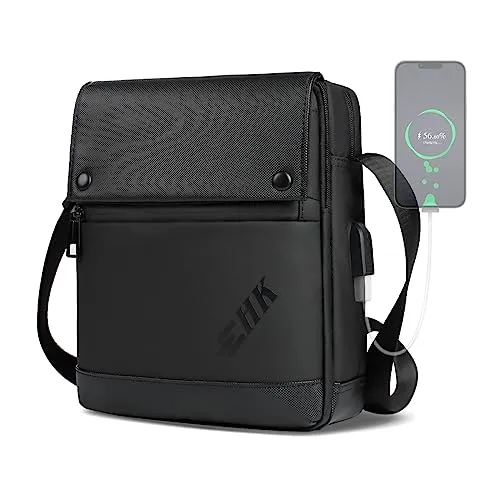 hk Borsa a Tracolla Uomo Impermeabile Grande con Porta USB Borsa a Spalla per iPad 11,7 Pollici con Porta Borraccia Borsello Uomo Ideale Borsa Messenger per Lavoro Sport Viaggio