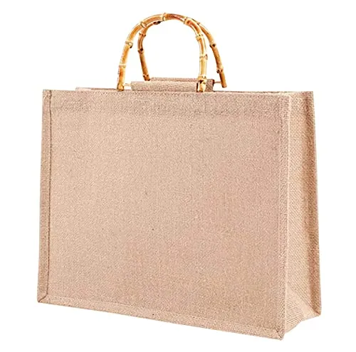 Phantasy】Borsa Juta naturale con manico in bambù artistico,Borsa iuta naturale impermiabile, borsa da donna in juta da rivestire,Borsa per la Spesa portatile,borsa mare spiaggia (L = 39 * 31 * 15cm)