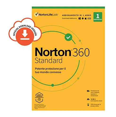 Norton 360 Standard 2020 |1 Dispositivo Licenza di 1 Anno Secure VPN e Password Manager PC, Mac, Tablet e Smartphone Standard PC/Mac |Codice d'attivazione via Email