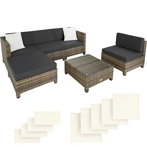 TecTake 800804 Set di Mobile di Rattan Sintettico, Arredamento Giardino Set Completo, 2 Sedie 2 Panche Sgabello Tavolo, Set di Rivestimenti, Nuovo (Naturale)