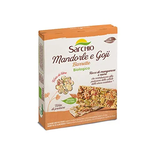 4 x 80gr SARCHIO SNACK BARRETTA MANDORLE E BACCHE DI GOJI BIO, SENZA GLUTINE, VEGAN.