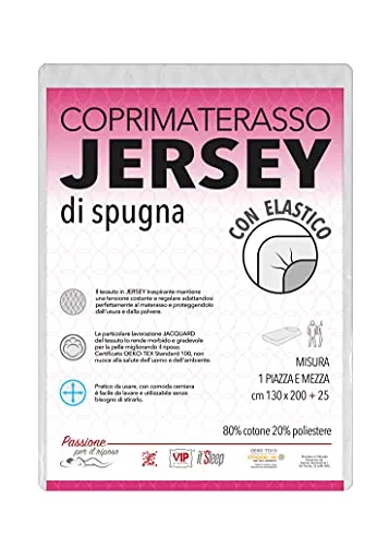 V.I.P. Very Important Pillow V.I.P. Coprimaterasso in Jersey di Spugna Elastico, Traspirante, Elasticizzato, Piazza e Mezza cm 130 X 200 h. 25, 125 X 200