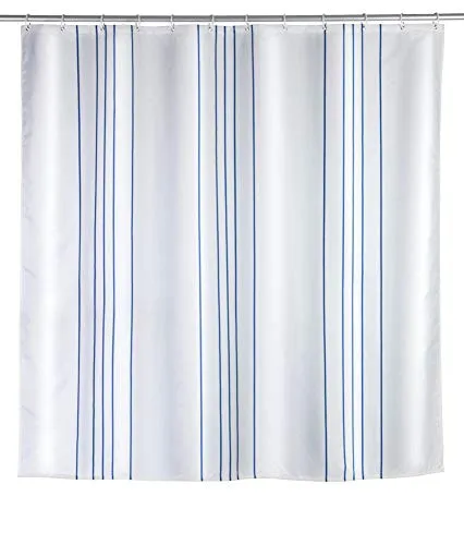 Wenko 23837100 Linen Blue - Tenda da Doccia Lavabile, con 12 Anelli per Tenda da Doccia, in Poliestere, 200 x 180 cm, Multicolore
