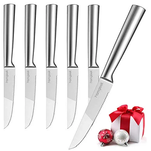 Homgeek Coltelli da Bistecca Acciaio Inox, 6 Pezzi Set Coltelli da Bistecca da Cucina Professionali Posate da Cucina Premium con Lame in Pizzo e Manico Ergonomico, per la Casa e il Ristorante, 22,5 cm