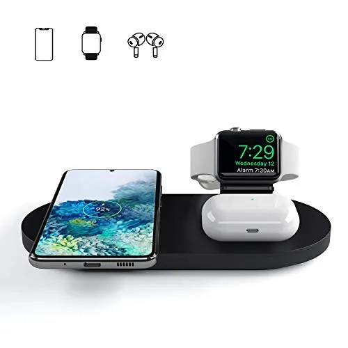 Seacosmo Caricatore Wireless 3 in 1 per Apple Watch 5/4/3/2/1, Qi Supporto di Ricarica Wireless Docking Station per AirPods, Samsung Buds, iPhone SE 2020/11/XR/X/8, Samsung Galaxy e telefoni qi, Nero