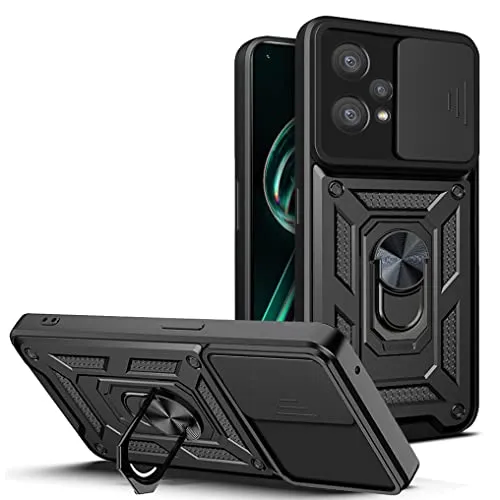 Loyhee Cover per Realme 9 4G / Realme 9 Pro Plus 5G (6.4"), Custodia con Scorrevole Fotocamera Proteggi Supporto di Anello Rotante Hard PC Back Cover e TPU Bumper AntiGraffio Antiurto Case - Nero