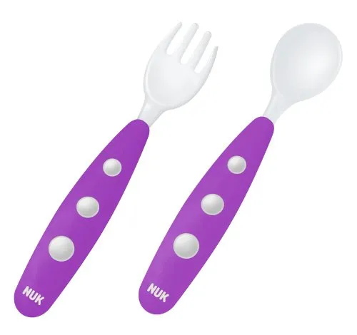 NUK Easy Learning 10255112 - Mini Posate di plastica da bambini per imparare a mangiare, prive di BPA, set da 2 pezzi, colore: Lilla