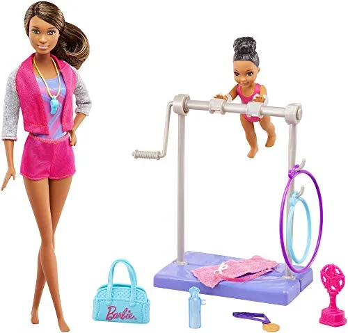 Playset Ginnasta,con una Barbie, sbarra interattiva e piccola allieva
