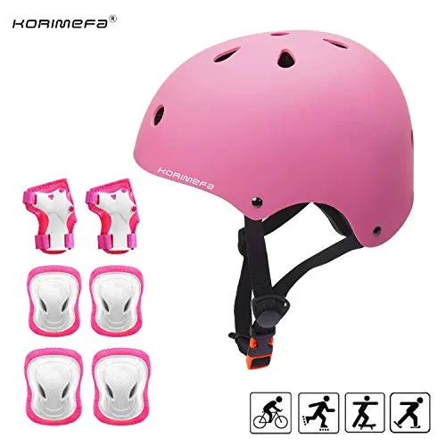 KORIMEFA Set di Casco Protezione Bambini Casco Bici, Ginocchiere, Gomitiere e Protezione Polso per Bambini da 3-13 Anni, Casco per Hoverboard, Scooter, Pattini, BMX e Bicicletta (Rosa, M)