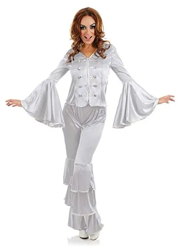 Ladies Silver Dancing Queen 1970s 70s Pop Star Celebrity Musician Fancy Dress Costume Outfit 8-26 Plus Size (UK 12-14)