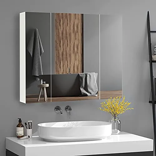 DICTAC 70x60x15cm Bianco Specchio Bagno con Contenitore, 3-Ante Mobile,con Ripiano Regolabile,Specchio Trucco con Armadietto,Mobiletto Salvaspazio Bagno