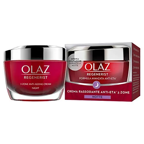 Olaz Regenerist 3 Zone Crema Viso Antirughe Notte, con Acido Ialuronico, Niacinamide e Vitamina B5, idratante e rassodante, senza profumo - 50 ml