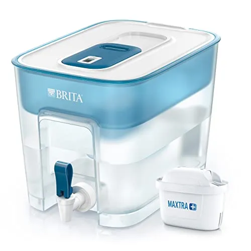 BRITA Dispenser Filtrante Flow per acqua, Blu (8.2l) - incl. 1 Filtro MAXTRA+ per la riduzione di cloro, calcare e impurità / 30.2 x 21.4 x 22