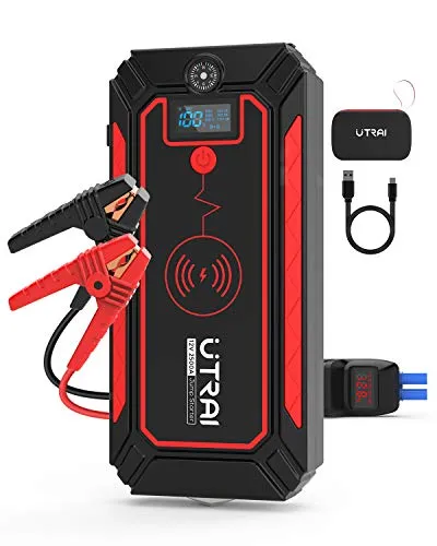 UTRAI Avviatore di Emergenza Auto Jstar 4, 12V 2500A 24000mah Jump Starter Portatile Moto (8L Benzina/7L Diesel) Booster Batteria, Caricatore Wireless 10W, Pinza Intelligente con Display LCD