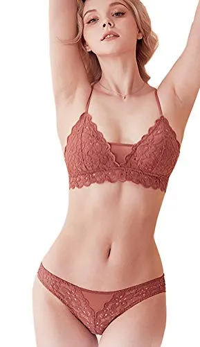 Awake Lingerie Juno Reggiseno di Pizzo Applique Floreale e Slip Completo, Biancheria Intima Elegante, Donna (Romantic Coral, Large)