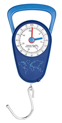 moses. Fernweh Kofferwaage analog | Gepäckwaage bis 35 kg mit Maßband Doppelskala in Kilogramm und Pfund Bilancia pesa valigie, 13 cm, Blu (Marineblau)