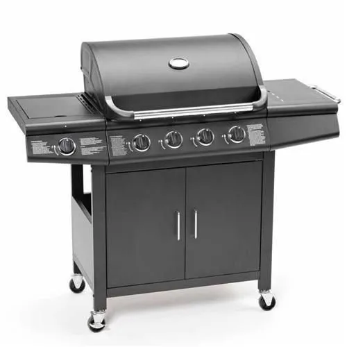 FirePlus™ - Barbecue con 4 + 1 fornelli a gas, con griglia, fornello laterale, colore: nero, dimensioni: 61 x 42 cm