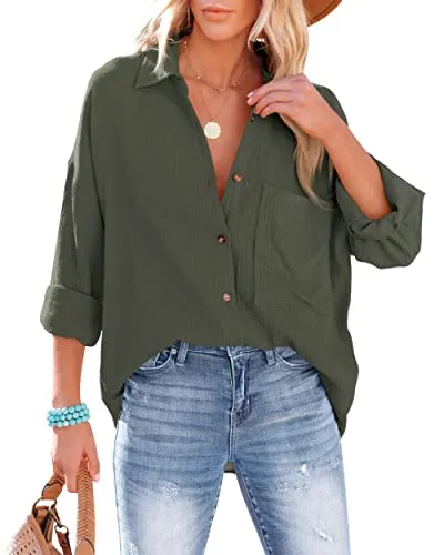 NONSAR Camicetta da donna casual camicia con scollo a V 100% cotone vestibilità ampia solida spessa top elegante con tasca, verde militare, M