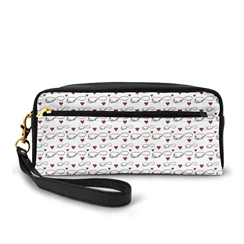 Pencil Case Pen Bag Pouch Stationary,Hand Writing With Infinity Symbols Romantic Red Hearts Valentines Day Theme,Small Makeup Bag Coin Purse