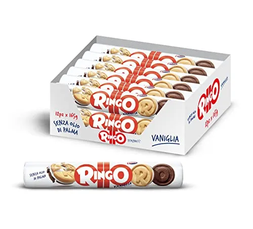 Pavesi Snack Ringo Vaniglia, 12 Pack da 165 g, Biscotti Farciti con Crema al Gusto Vaniglia, Snack per Merenda o Pausa Studio, Formato Tubo