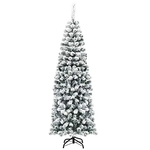 COSTWAY Albero di Natale Artificiale Slim, Albero Alaska Innevato, Base Pieghevole di Metallo, Salva Spazio, Facile da Montare, Apertura a Ombrello 140-180cm (180cm)