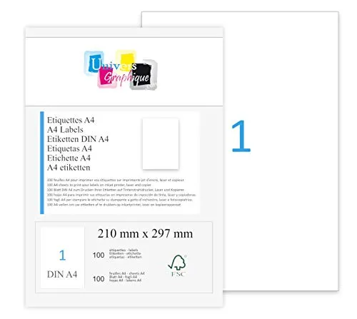 100 fogli A4 1 adesivo 210 x 297 mm carta per etichette adesive per stampanti a getto d'inchiostro e laser