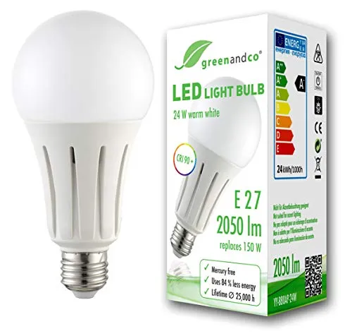 Lampadina a LED greenandco® IRC 90+ E27 24W (equivalente 150W) 2050lm 3000K (bianco caldo) 270° 230V AC, nessun sfarfallio, non dimmerabile