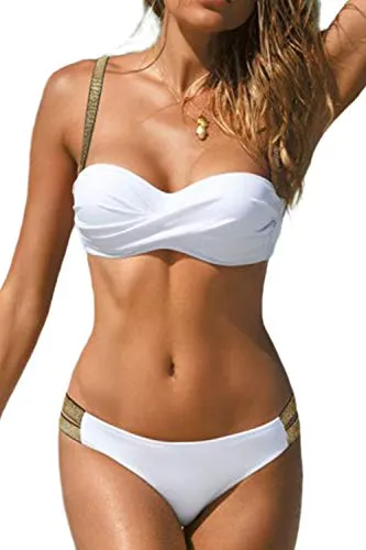 JFAN Donna Costume da Bagno con Cintura Dorata Push Up Imbottito Reggiseno Bikini Sexy Abiti da Spiaggia Moda, Bianco - S