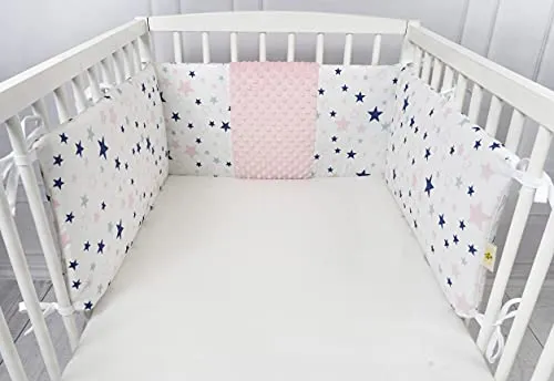 ZOE Zoom PARACOLPI LETTINO NEONATO - PARACOLPI CULLA – BARRIERA LETTO BAMBINI – CON STELLE BLU O ROSA- 180X30 cm-UNIVERSALE PER CULLA NEONATO - 100% COTONE OekoTex – IMBOTTITO E SFODERABILE (ROSA)